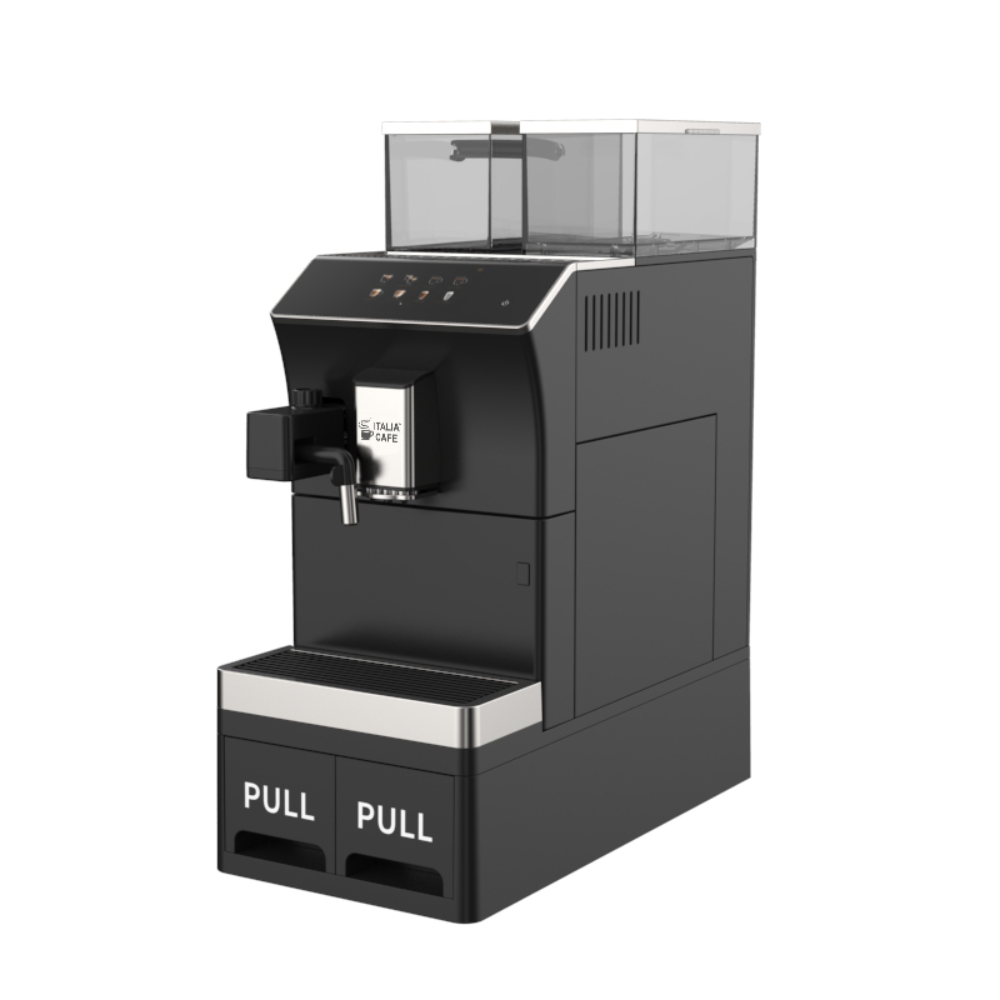 A black Italia Cafe Commercial Coffee Machine 101 with a visible bean hopper, milk frother, and digital display.