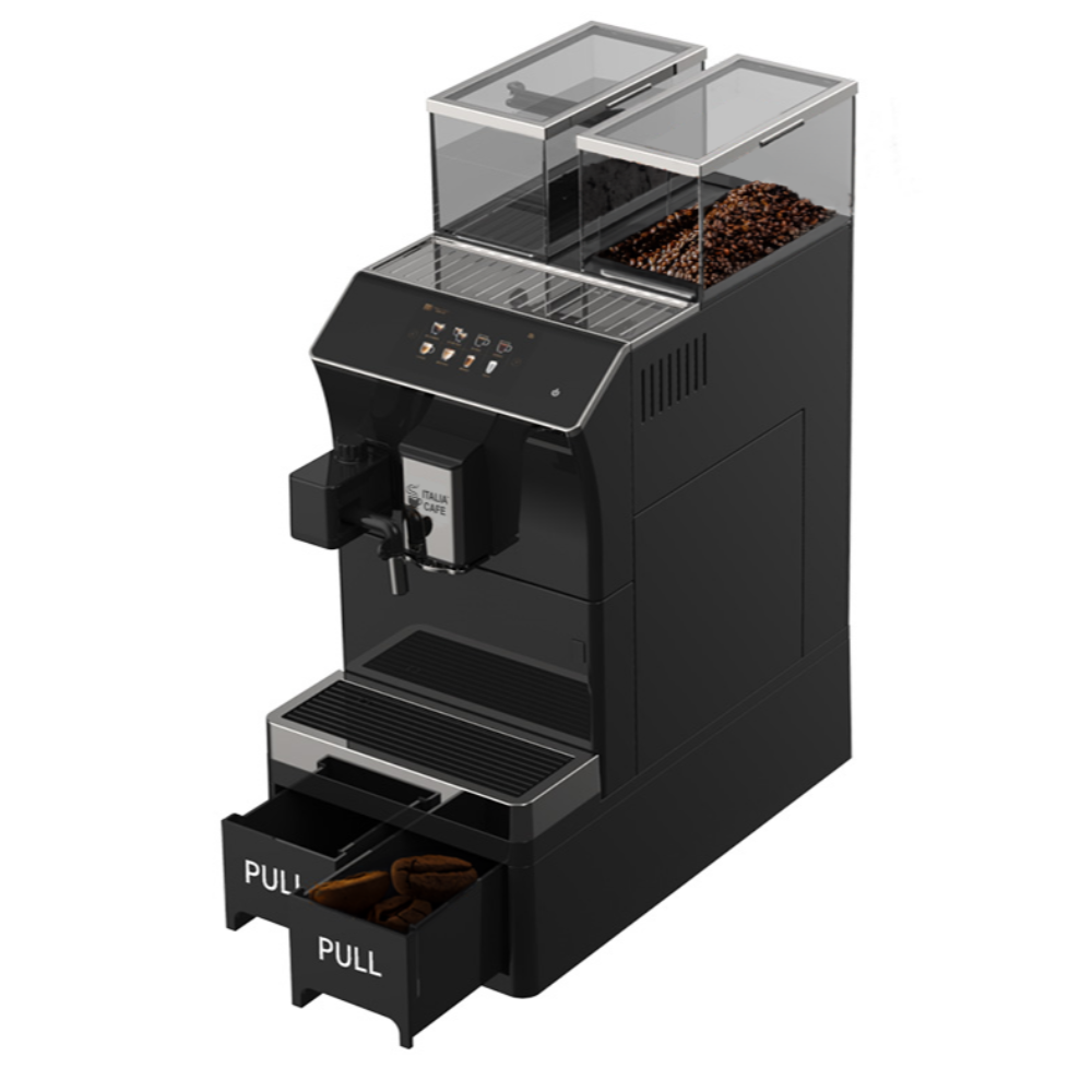Italia Cafe 101 commercial coffee machine with coffee beans in grinder and drawer