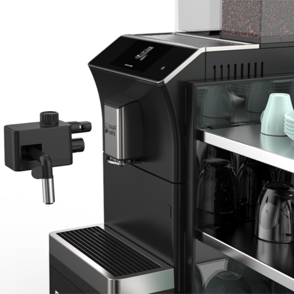 Italia cafe commercial coffee machine showing the milk frother attachment
