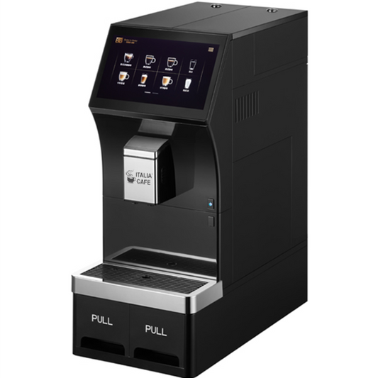 A black Italia Cafe Commercial Coffee Machine 102 with a digital display and bean hopper.