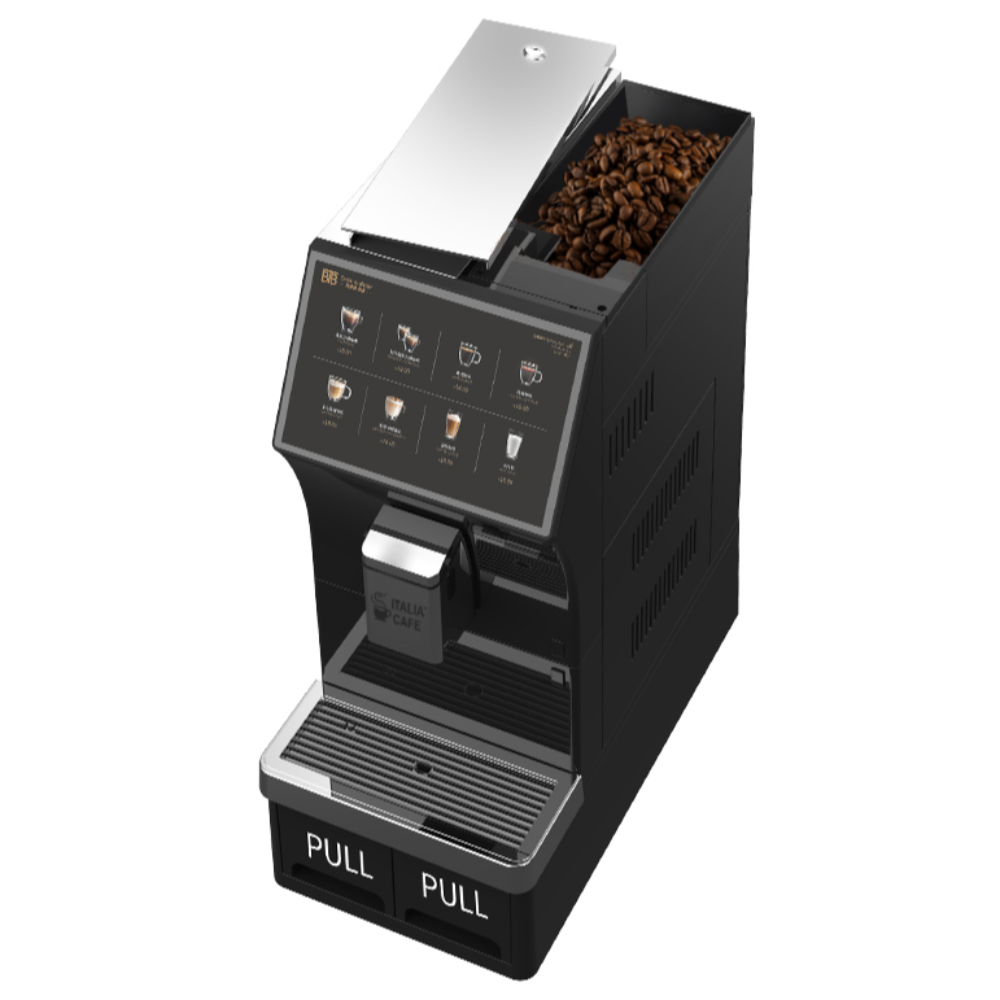 Italia Cafe 102 Coffee Machine with beans in holder and touchscreen.