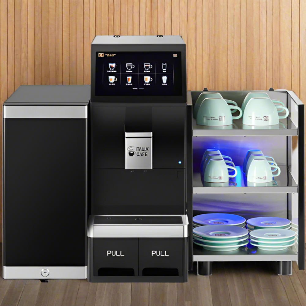 Italia Cafe 102 Commercial Coffee Machine with side shelf holding coffee cups and saucers.