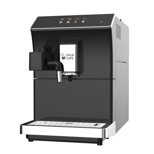 A silver and black Italia Cafe Fully Automatic Coffee Machine with a touchscreen interface and a built-in milk frother.