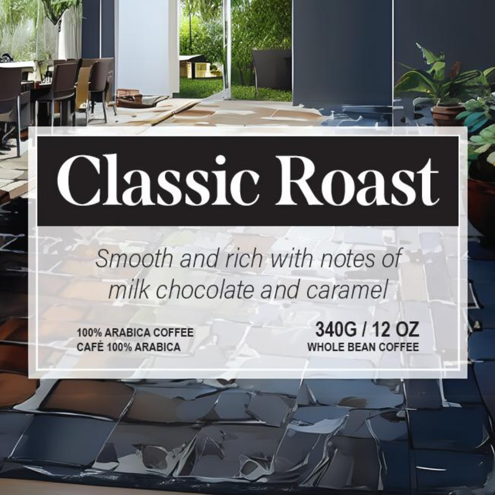 Italia Cafe Coffee package labeled 'Classic Roast' with outdoor seating area in the background