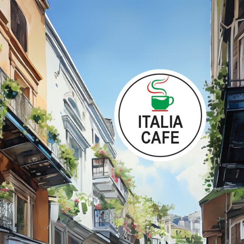 Italian cafe logo with a scenic view of a street with buildings and plants.
