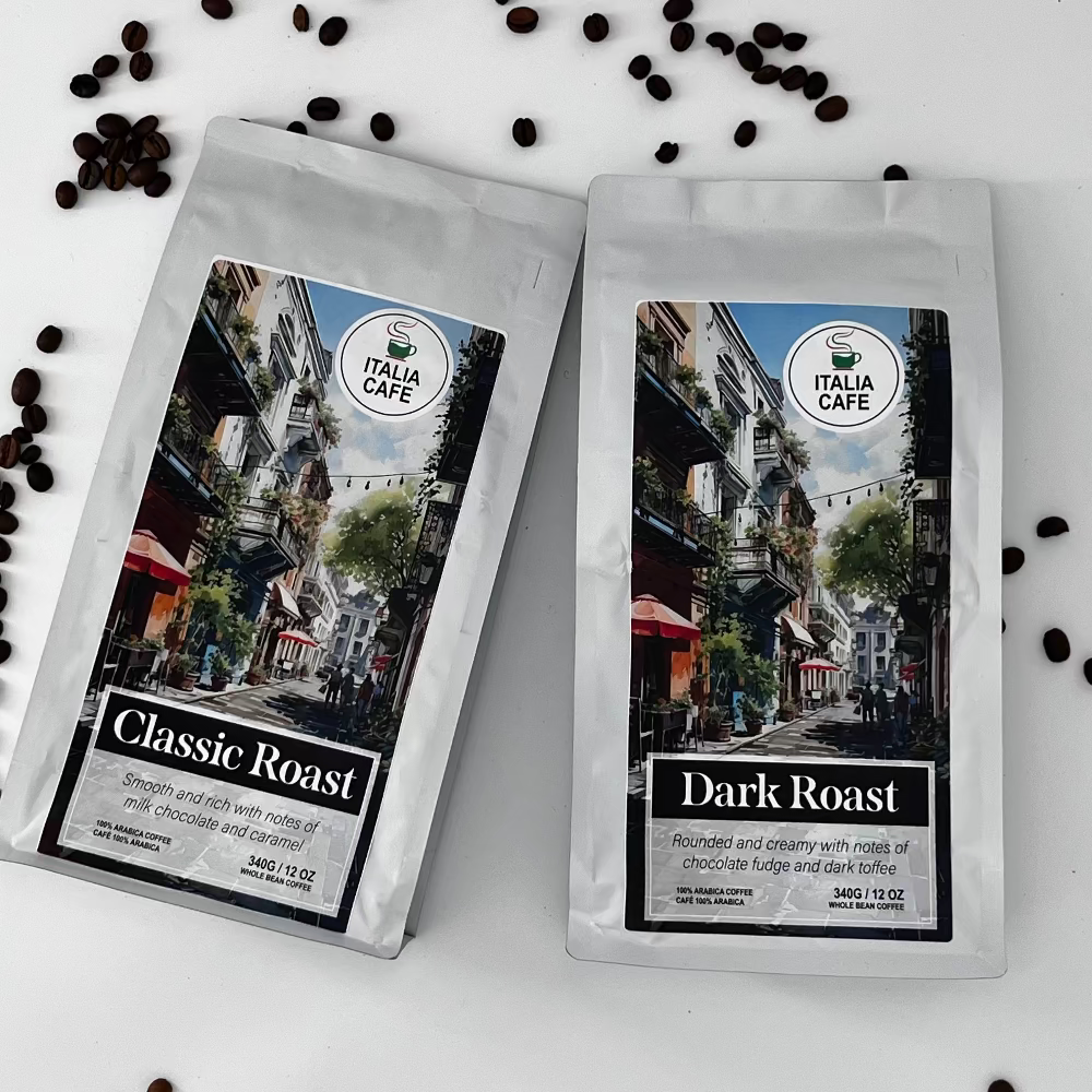 340 grams of coffee beans, 2 bags front with Italia Cafe Logo, Dark roast coffee beans. with notes of chocolate fudge and dark toffee.  Made in Italy