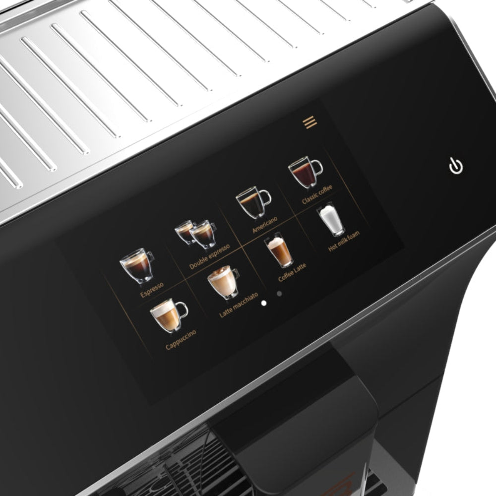 Close up of the Italia Cafe Automatic Coffee Machine touchscreen with drink options.