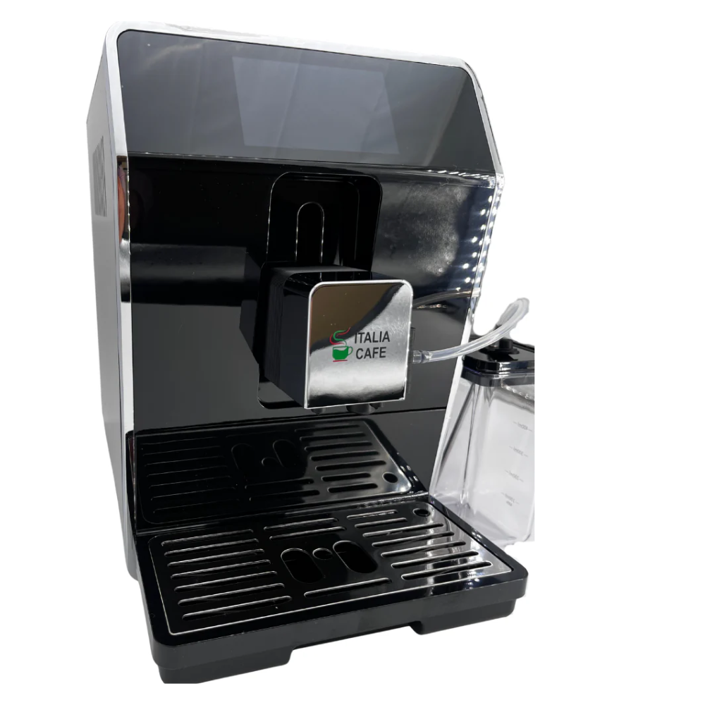 A fully automatic Italia Café I coffee machine with a touchscreen interface, milk frother jug, and a black finish.