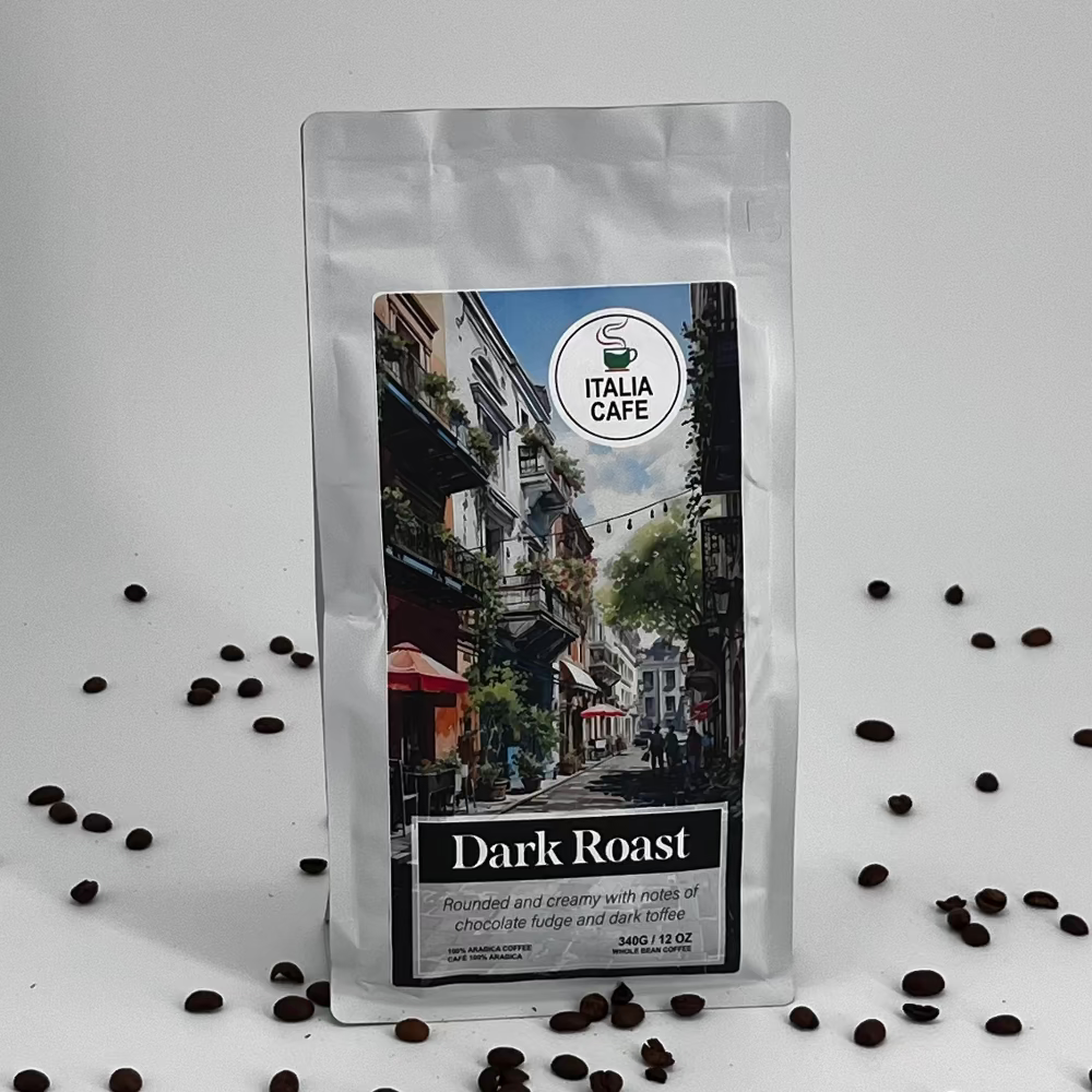 340 gram single bag of dark roast coffee.  Dark roast coffee beans with hints of chocolate fudge and dark toffee.