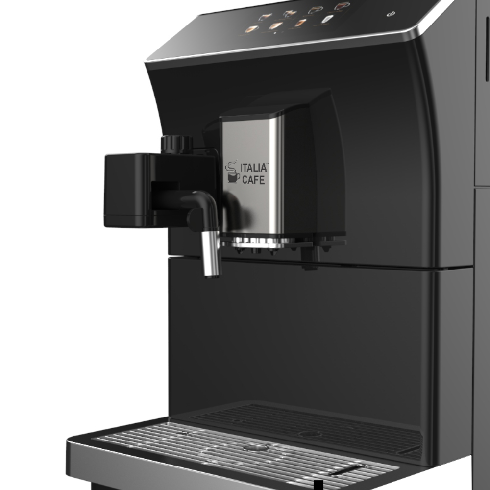 angle view of the Italia Cafe Automatic Coffee Machine with logo and milk frother