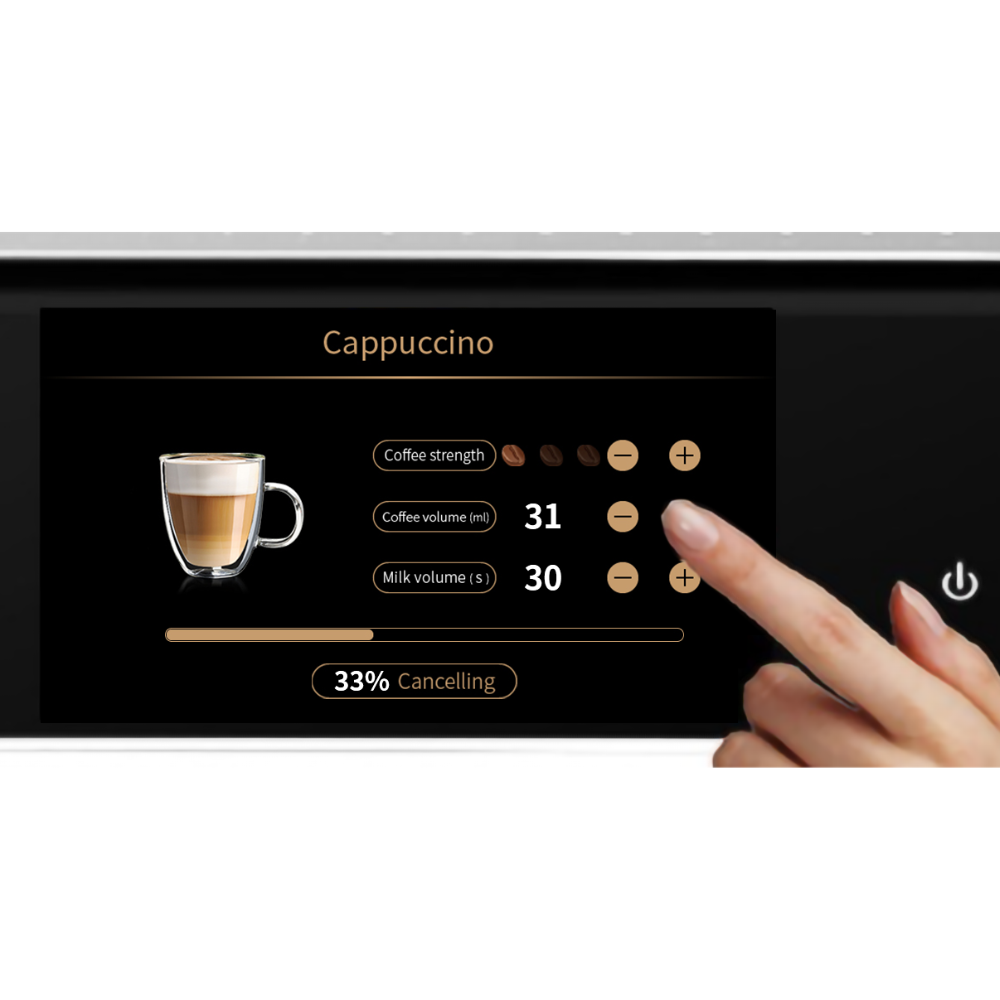 Touchscreen with drink optimization options of the Italia Cafe Automatic Coffee Machine 
